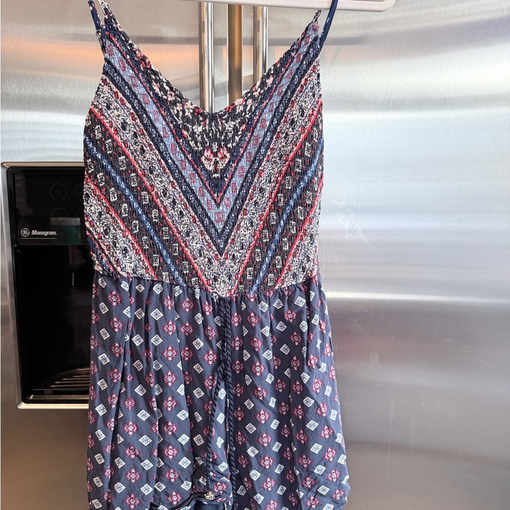 Xhilaration Navy Floral Patterned Smocked Top with Pink Accents